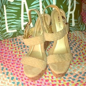 **BRAND NEW**Nude Braided Strapped Wedges. Size 8.
